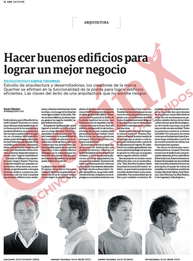 Nota Camps Tiscornia, ARQ Clarín, Sole Comunicaciones, página 12